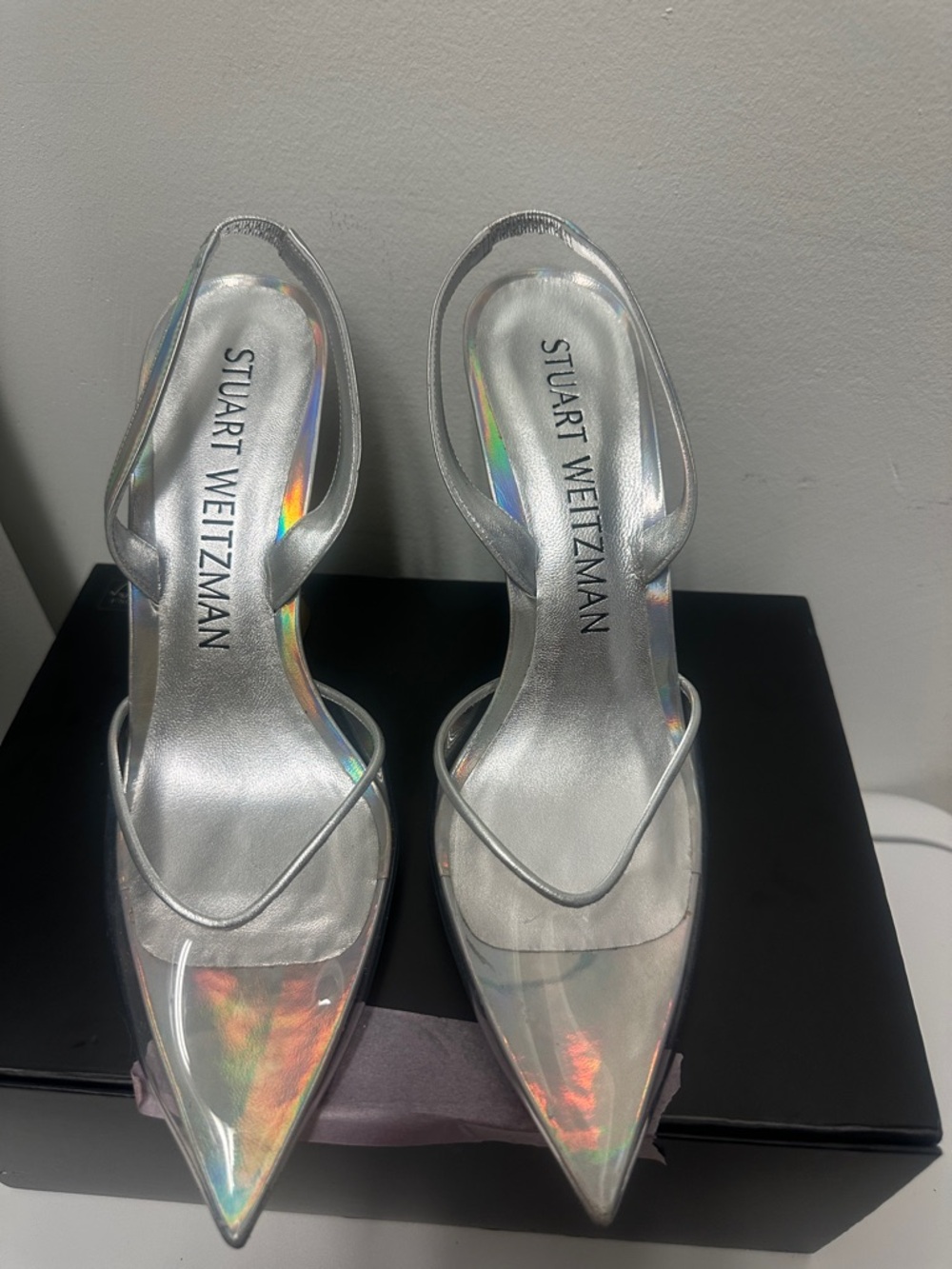 Stuart Weitzman Iridescent Silver Pointed-Toe Slingback Heels